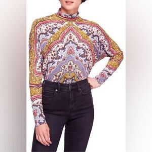 Free People Chase Me Mock Neck Tee Top Size Small